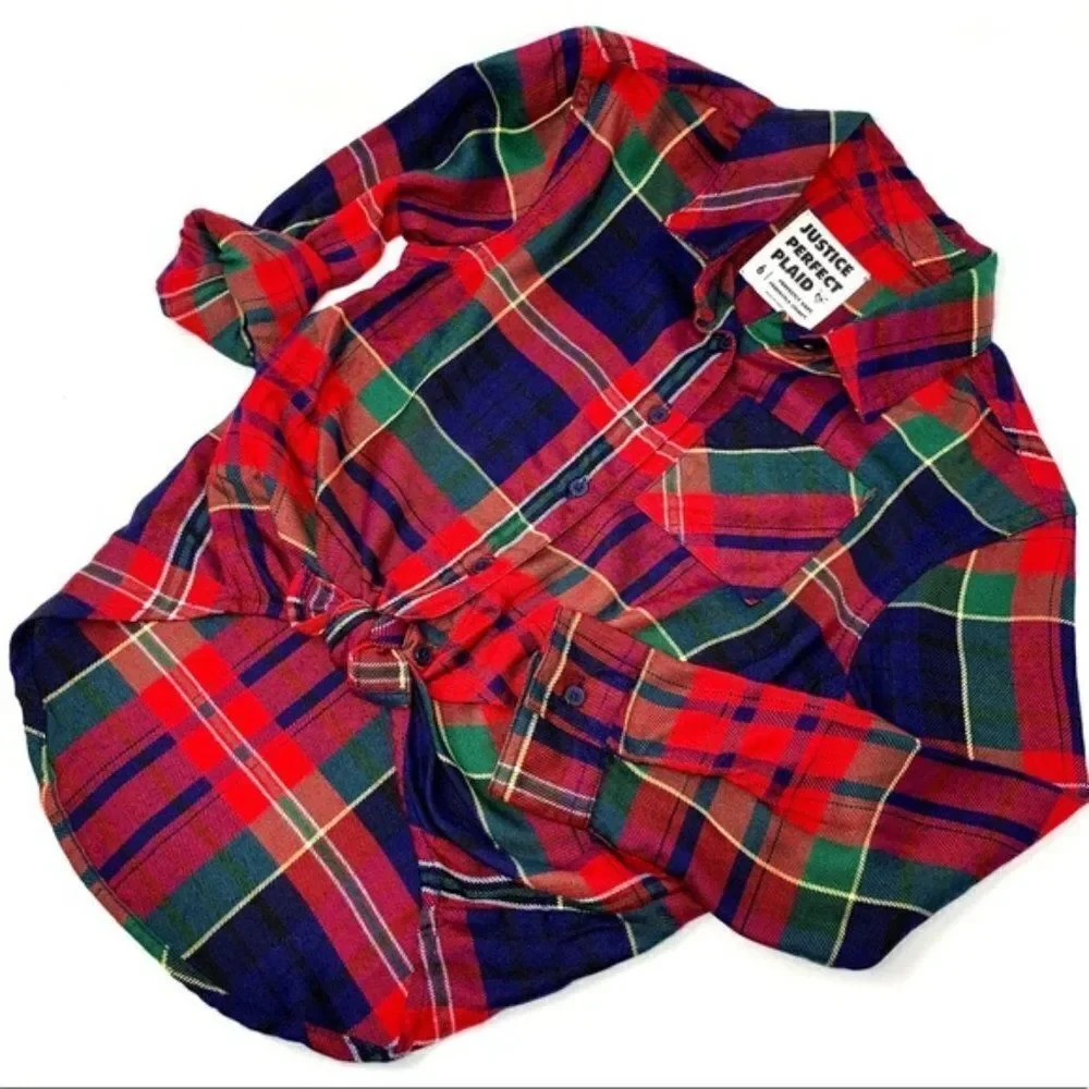 Justice “Perfect Plaid” Women's Red & Blue Flannel Long Sleeve Button Down Shirt